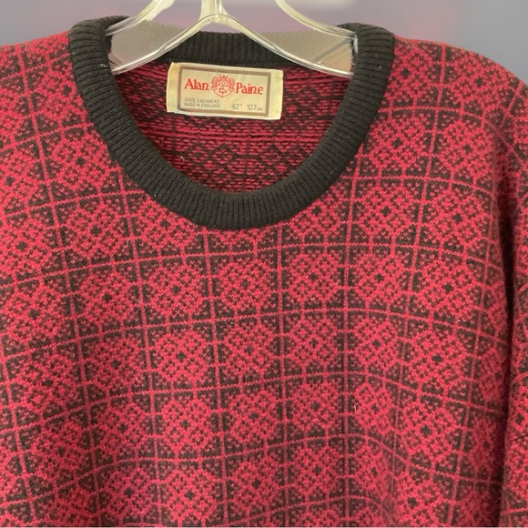 Alan Paine Men’s Cashmere Sweater XL, maroon with black print and details, Lux! - Picture 3 of 13